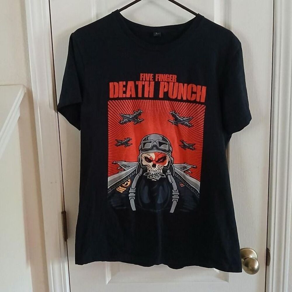 Black Five Finger Death Punch skull pilot 100% cotton band graphic tee L